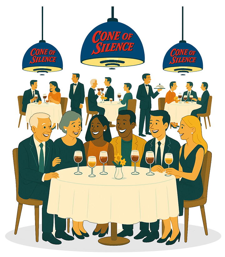 Guests enjoying a refined Cone of Silence dinner on white tablecloths.